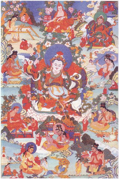 Одна из восьми главных манифестаций Падмасамбхавы - Гуру Пема Джюне в окружении сиддх Ваджраяны. Танка. Тибет.