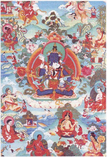 Одна из восьми главных манифестаций Падмасамбхавы - Гуру Чокье Дордже в окружении сиддх Ваджраяны. Танка. Тибет.