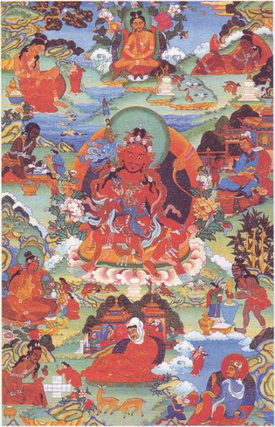 Одна из восьми главных манифестаций Падмасамбхавы - Гуру Нима Одзер в окружении сиддх Ваджраяны. Танка. Тибет.