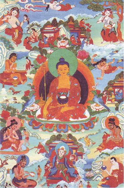 Одна из восьми главных манифестаций Падмасамбхавы - Гуру Шакья Сангъе в окружении сиддх Ваджраяны. Танка. Тибет.