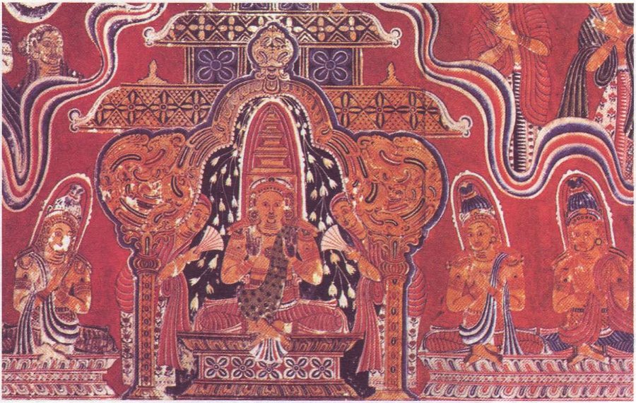 Омовение царицы Маха Майи в озере Анотата. Настенная живопись. Дембава Вихара. Шри Ланка, XIX в