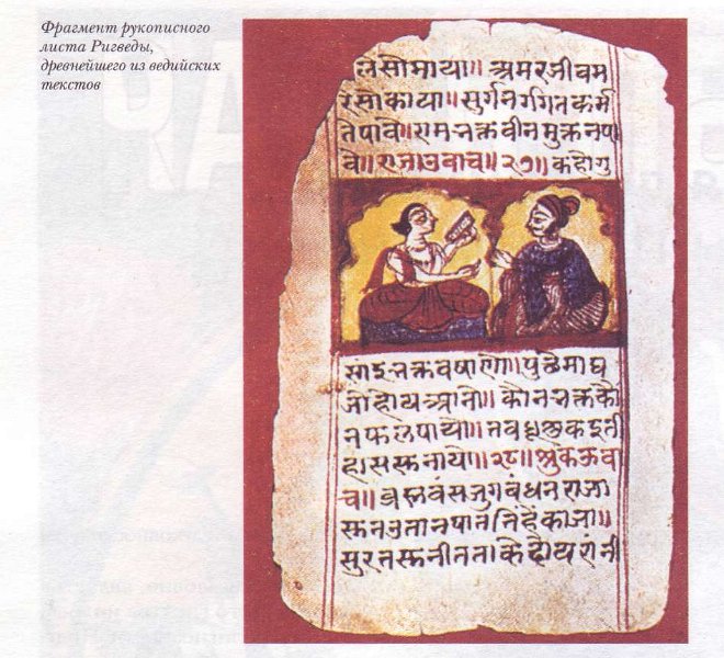 Фрагмент рукописного листа Ригведы, древнейшего из ведических текстов. 