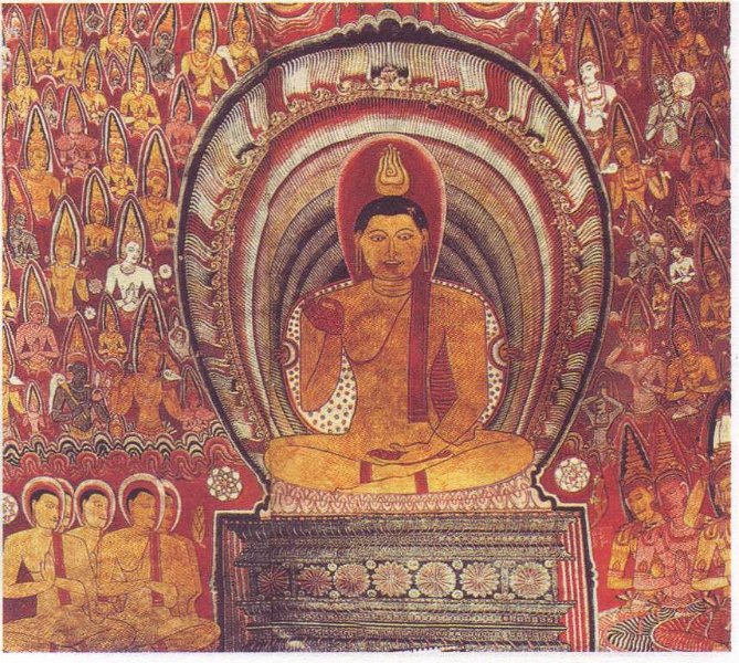 Первая проповедь Будды. Настенная живопись Рангири Дамбулу Бихара, Шри-Ланка, XIX в.