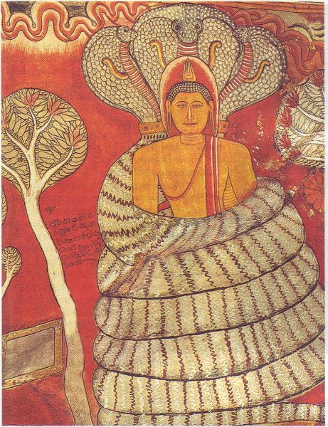 Шестая неделя просветления. Настенная живопись. Рангири Дамбулу Вихара, Шри-Ланка, XIX в.
