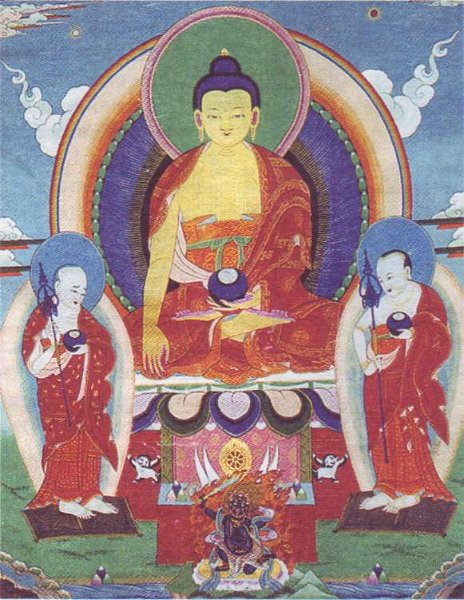 Будда Шакьямуни с двумя главными учениками.Танка. Бурятия.