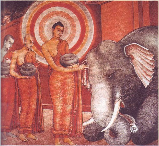 Укрощение слона. Канагири. Настенная живопись. Келания Раджамаха Вихара. 1946 г.